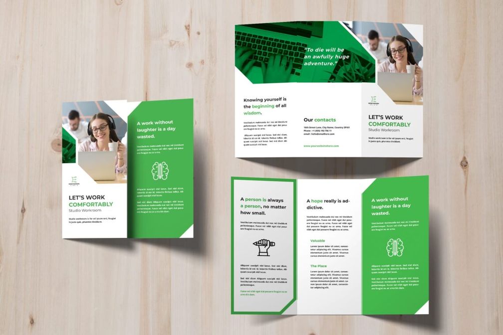 trifold brochure work room space