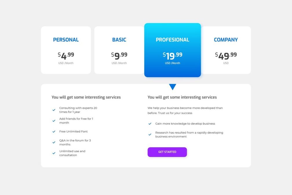 pricing table digital business development package