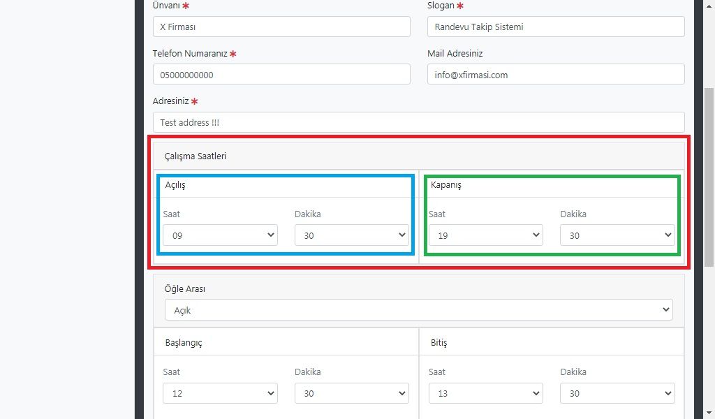 Açılış ve kapanış saatleri
