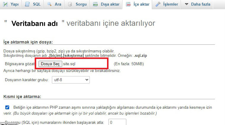 Dosya seçme işlemi gerçekleştikten sonraki içe aktar sayfasının yapısı