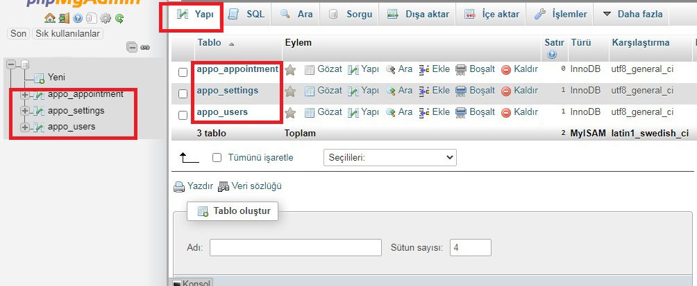 Sql dosyasının kurulumu gerçekleştikten sonra yapı butonuna tıkladıktan sonraki ekran görüntüsü