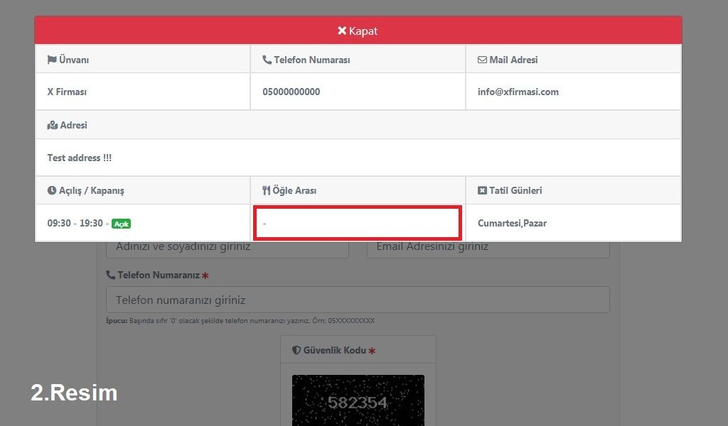 Öğle arası durumu kapalı olduğunda site bilgisi görünümü