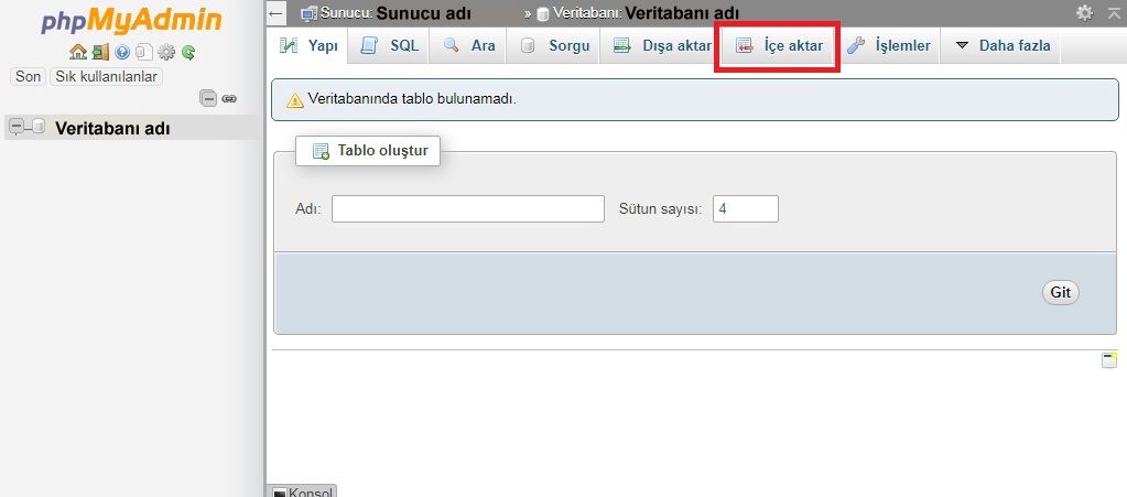 phpMyAdmin'de içe aktar butonunun konumu