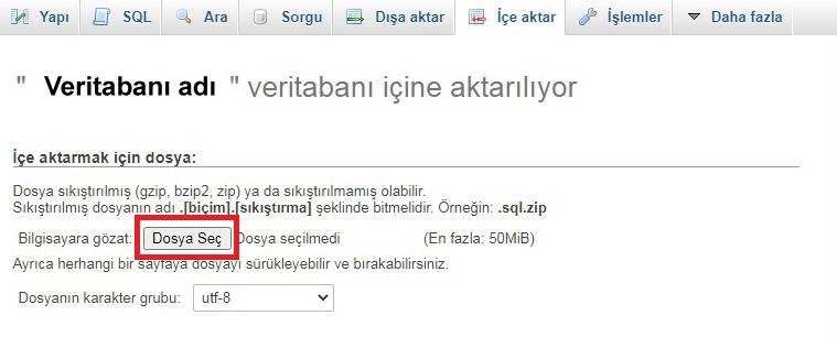 phpMyadmin'deki içe aktar sayfasında dosya seç butonunun konumu