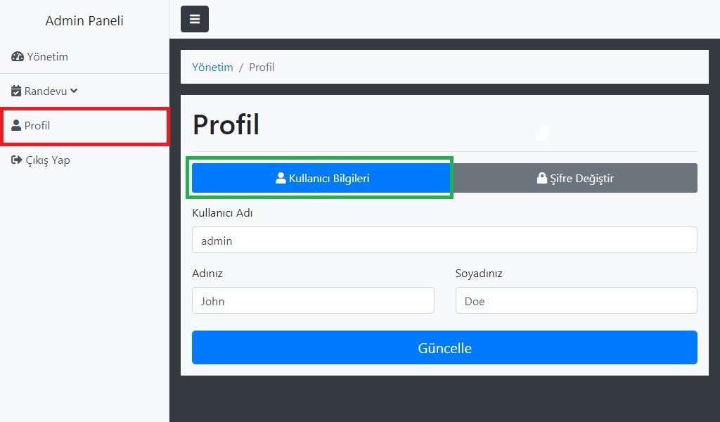 Randevu takip sistemi admin kullanıcı bilgileri