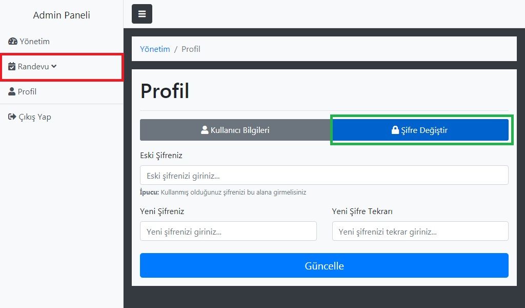 Randevu takip sistemi admin şifre değiştirme