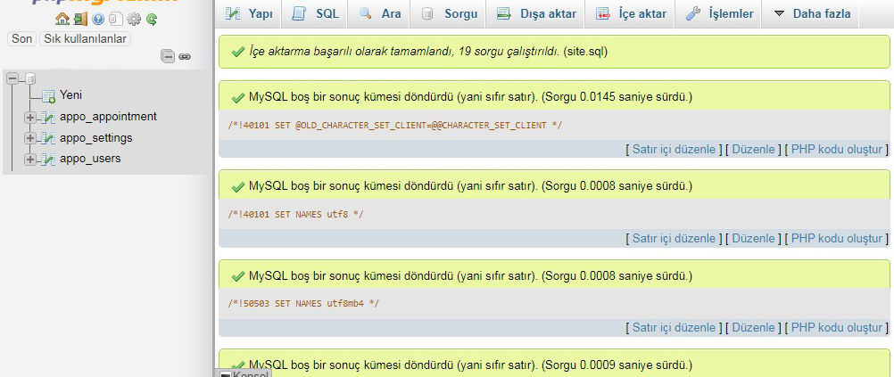 Sql dosyasının kurulumu gerçekleştikten sonraki ilk ekran görüntüsü