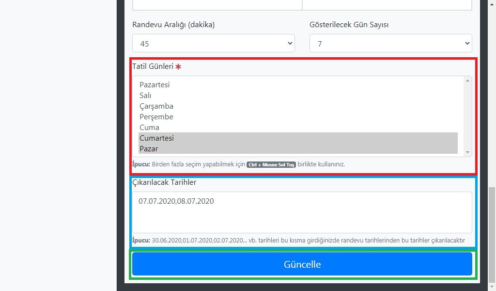 Tatil günleri ve çıkarılacak tarihler