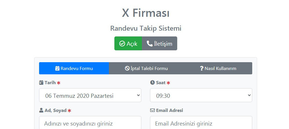 Randevu Takip Sisteminin kurulumu gerçekleştikten sonraki siteye girildiğinde karşılaşılması gereken ekran görüntüsü
