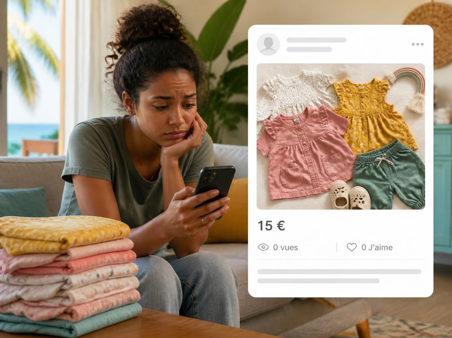 Une maman déçue devant son téléphone : son annonce de vêtements d'enfant affiche 0 vue et 0 j'aime