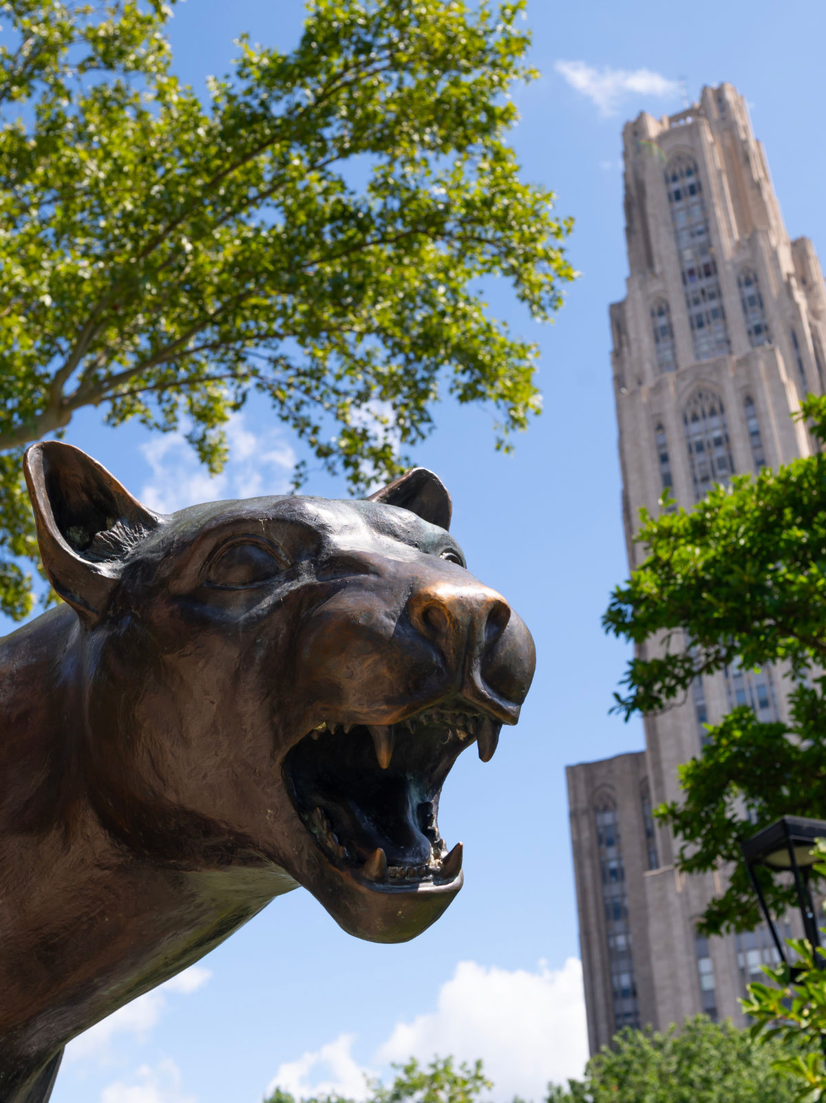The Pitt Panther statue with the Cathedral of Learning in the background.