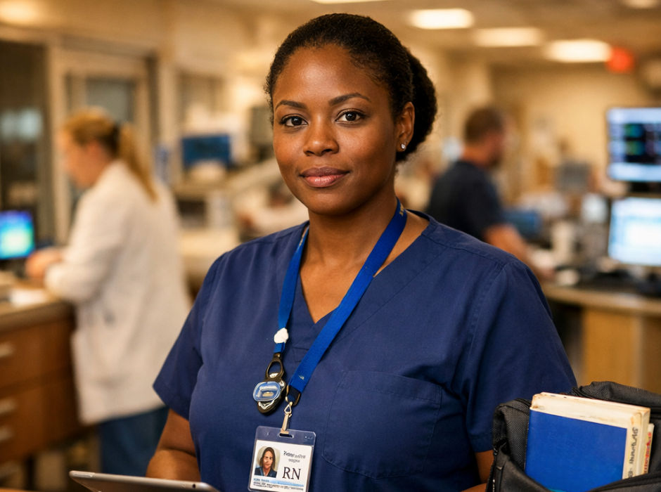A nurse in scrubs holding a tablet, with a busy clinical workspace visible in the background.