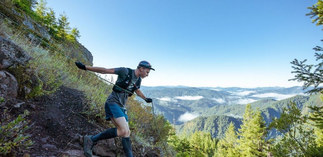 Ropes are set up to help runners come off the summit of Elk Mountain in the 25K
