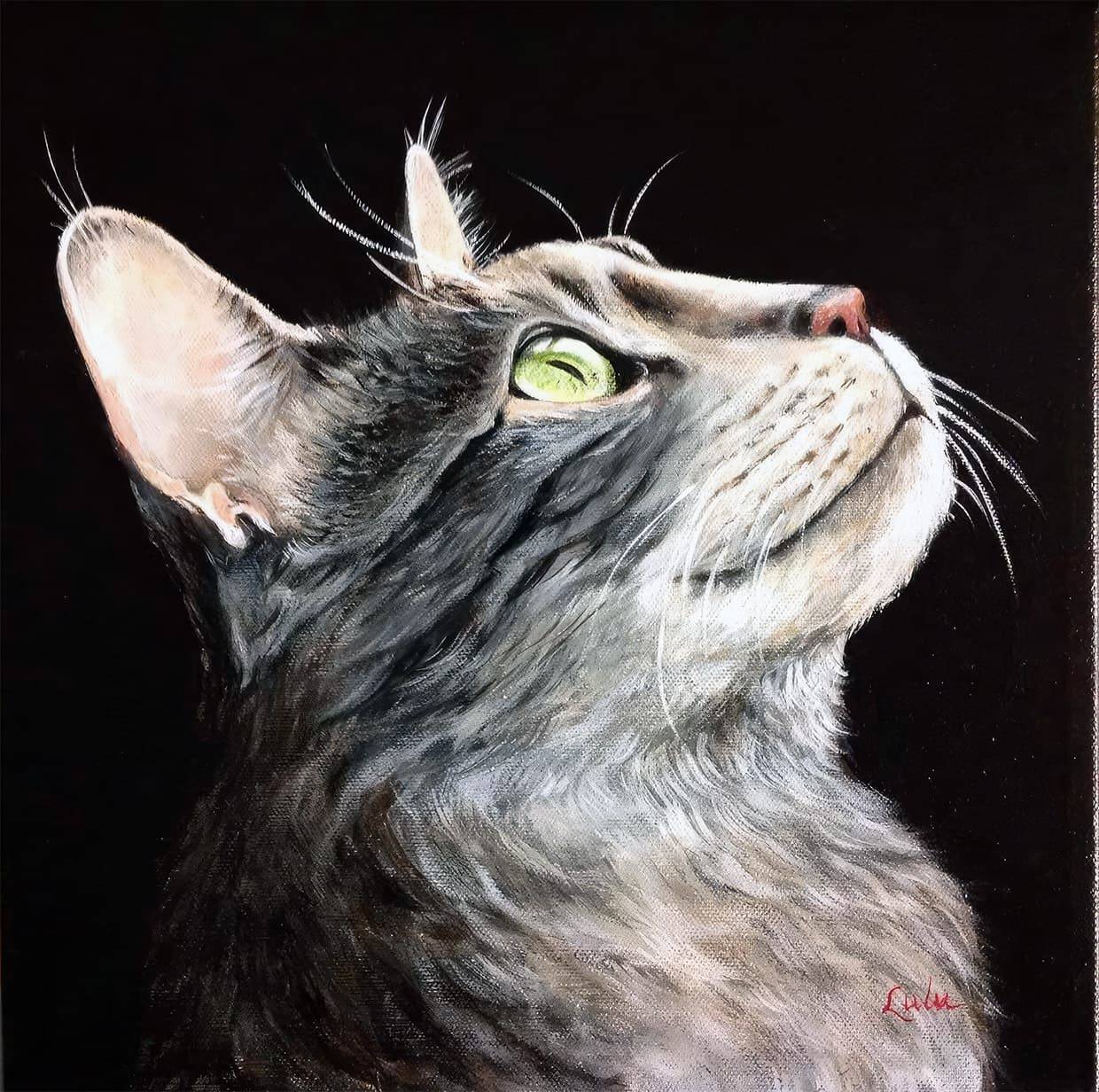 That Loving Gaze, by Lulu Pelletier, acrylic on canvas, 2021, depicts the face of a gray-striped house cat gazing upwards