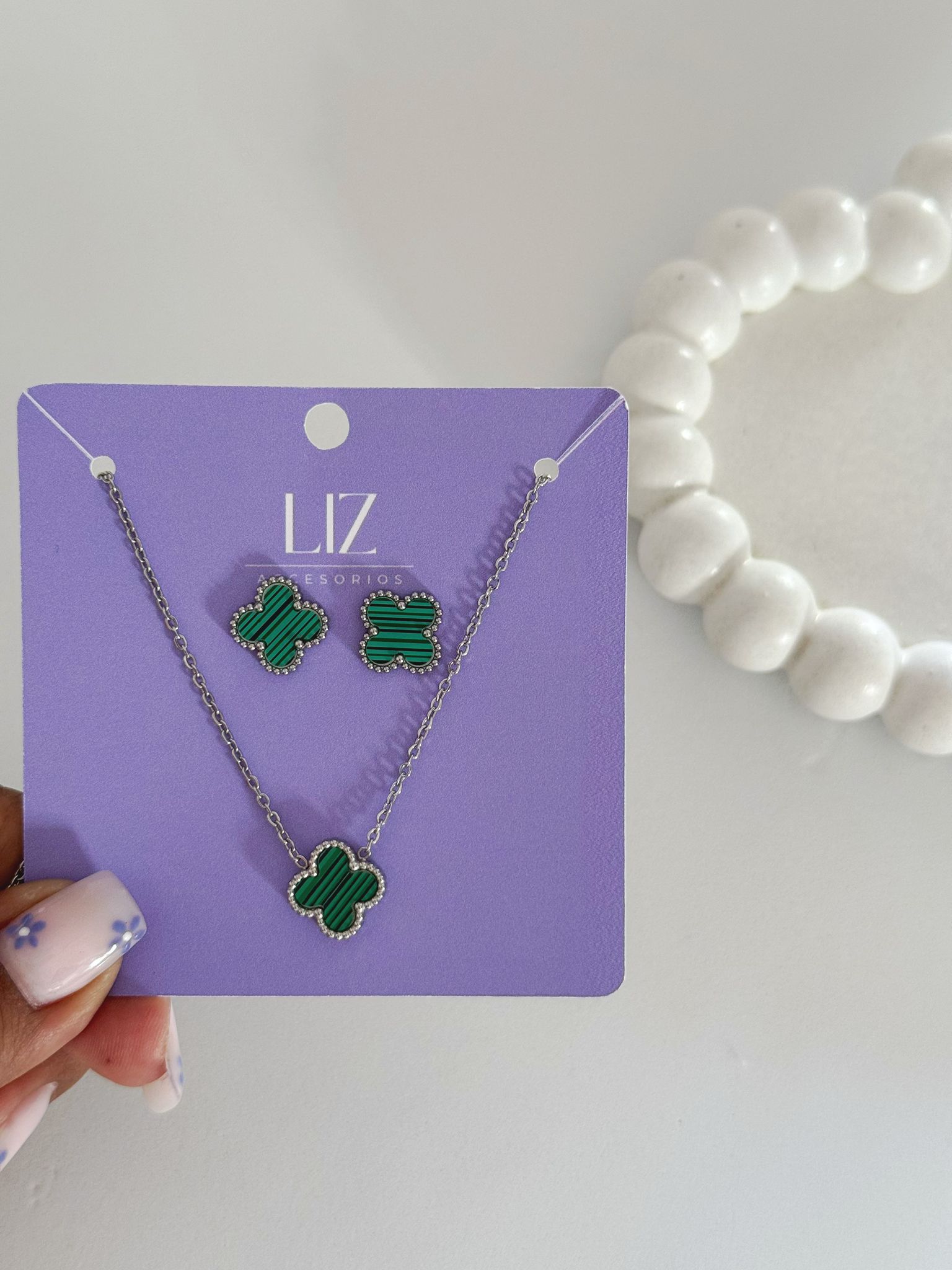 set trebol verde plateado