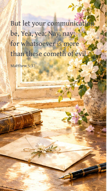 A sunlit watercolor window scene with a sealed letter and fountain pen on a wooden desk, printed with the complete Matthew 5:37 verse