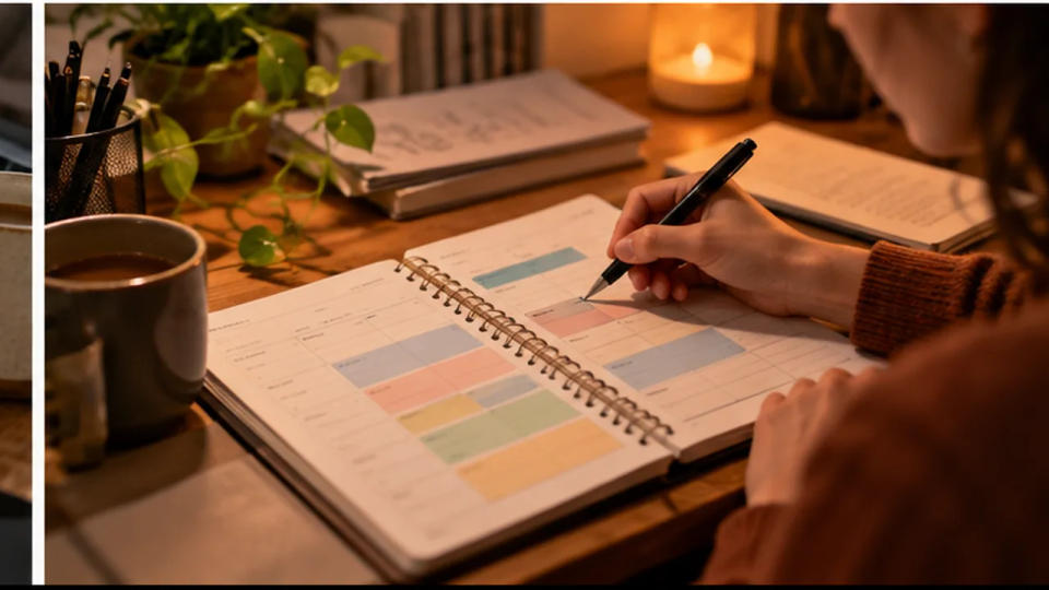 A hand marking a color-coded weekly planner at a warmly lit desk