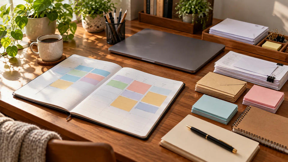 Open weekly planner and organized desk representing time blocking and task batching