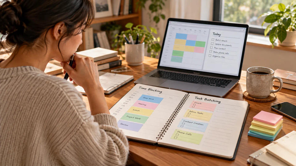 Color-coded planner beside a laptop while deciding which work needs a reserved time slot
