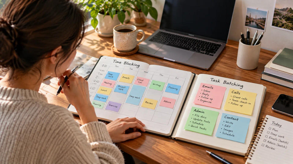 Organized desk with grouped notes and checklist for handling similar administrative tasks together