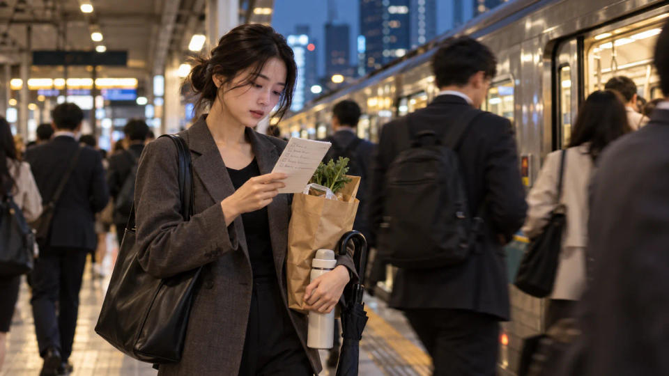 퇴근길 지하철에서 장바구니와 할 일 메모를 들고 서 있는 직장인