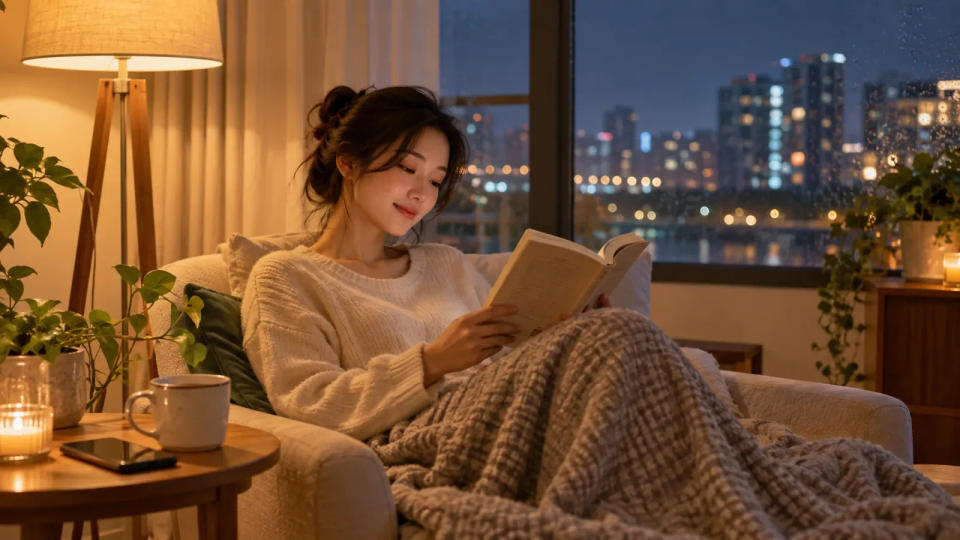 밤에 휴대폰을 내려두고 책을 읽으며 조용히 쉬는 모습