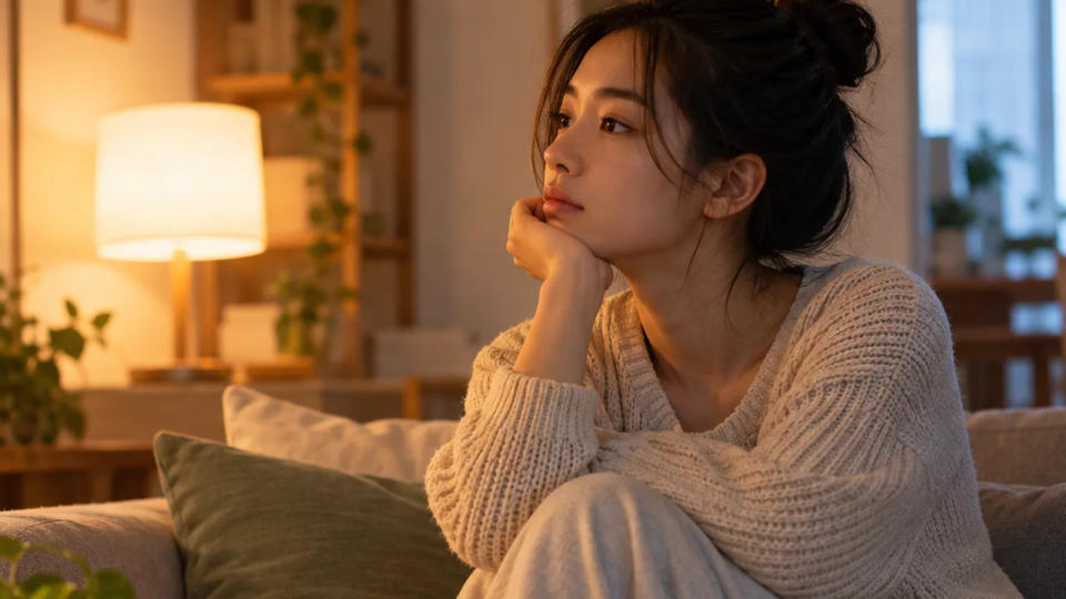 늦은 오후 거실 소파에 앉아 창밖을 바라보는 사람