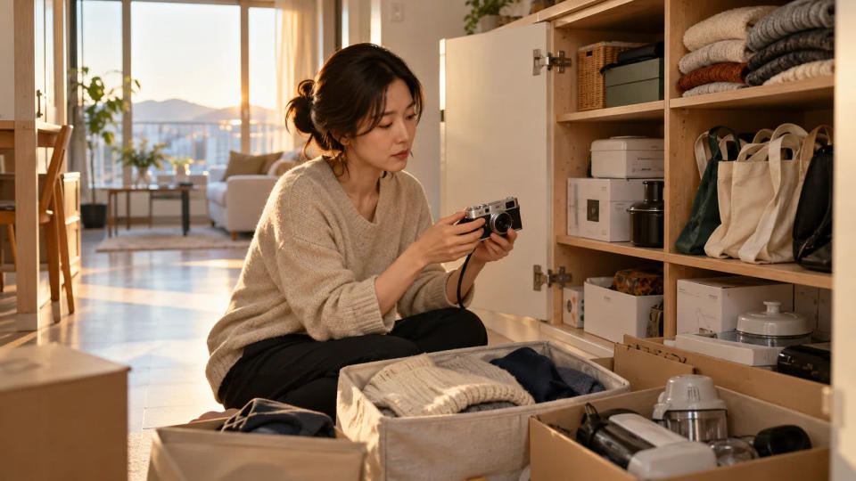 오래 보관한 카메라와 옷을 꺼내 살펴보는 한국 아파트의 정리 장면