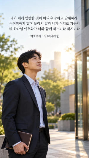 어려운 대화를 앞두고 용기와 지혜를 구하며 여호수아 1장 9절을 묵상하는 모습