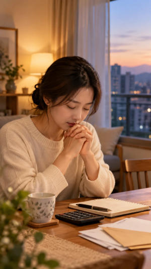 가계 지출을 살펴보다 잠시 손을 모으고 기도하는 조용한 저녁의 모습