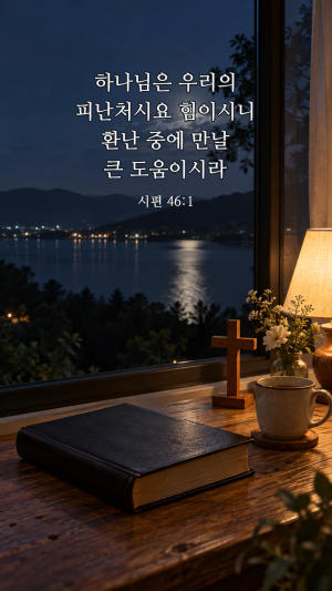 달빛이 비치는 호숫가 창가에 성경과 십자가가 놓인 평온한 밤 풍경