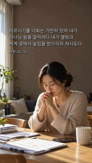 일정표와 서류가 놓인 식탁에서 두 손을 모아 기도하는 여성, 위쪽 벽에는 시편 46편 10절 개역한글 구절이 적혀 있다