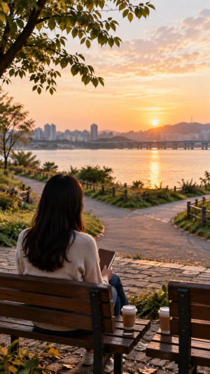 강가 벤치에 앉아 노트를 들고 조용히 생각하는 사람