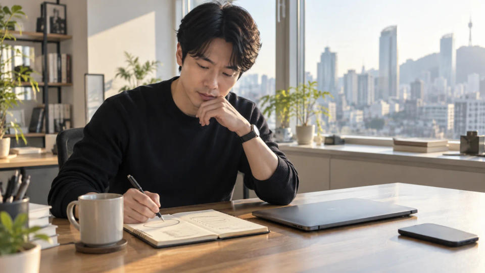 오전 집중 시간에 우선순위 업무를 노트에 정리하는 직장인