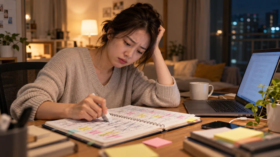 노트북의 미완성 작업은 그대로 둔 채 종이 일정표를 계속 고쳐 쓰는 사람의 모습