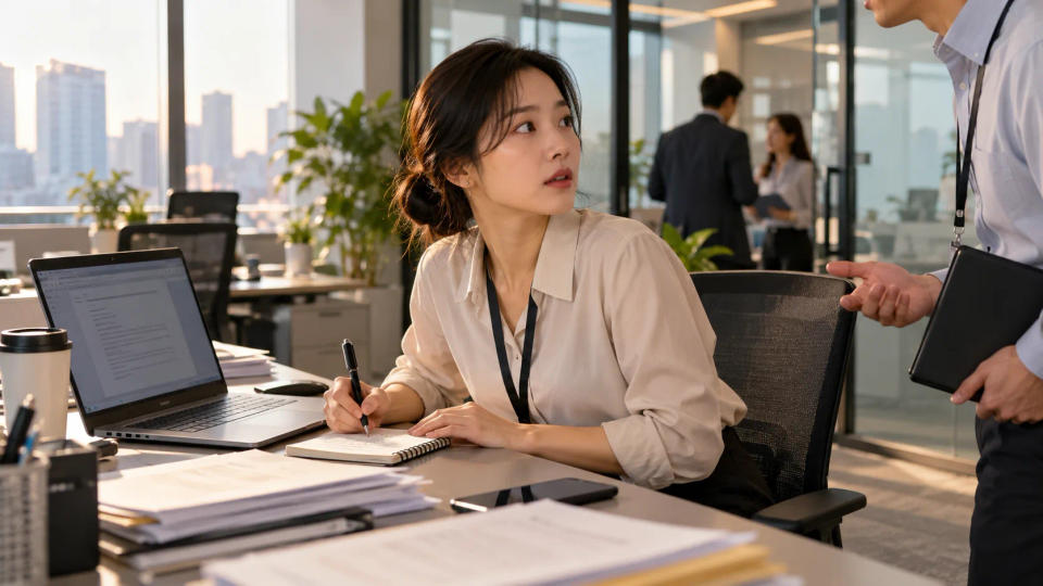 동료의 요청으로 업무를 멈추기 전 노트에 재시작 메모를 남기는 직장인