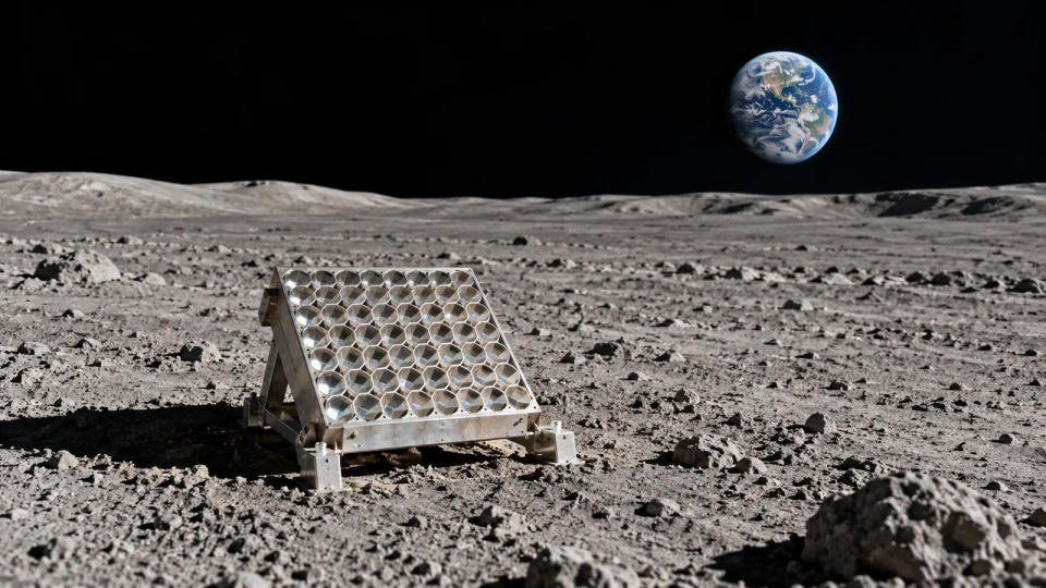 Artist's visualization of an Apollo-style lunar retroreflector array on the Moon with Earth above the distant horizon.