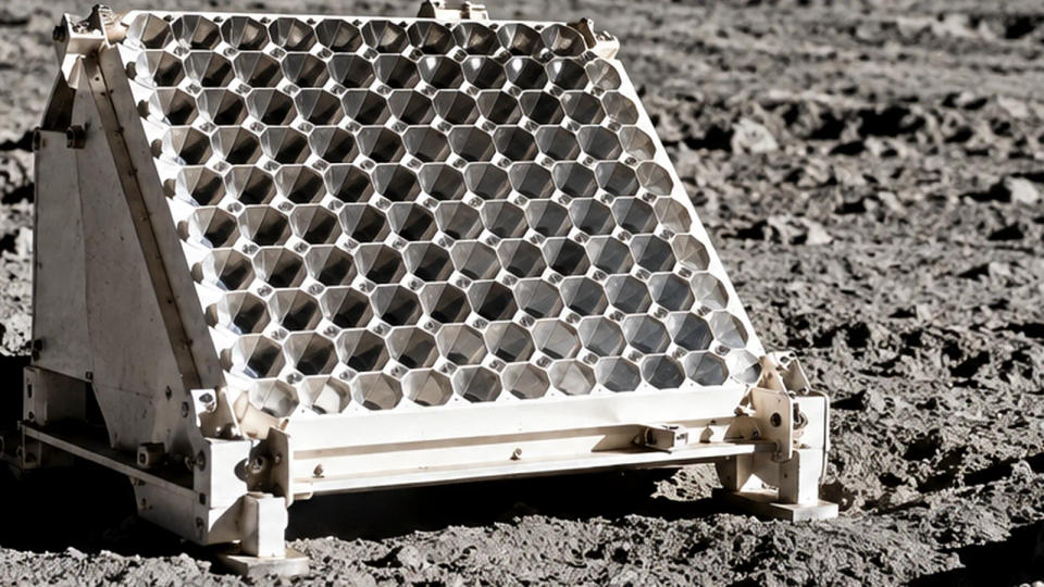 Close-up artistic visualization of the tilted metallic Apollo-style panel with many individual corner-cube prism openings on the dusty Moon.