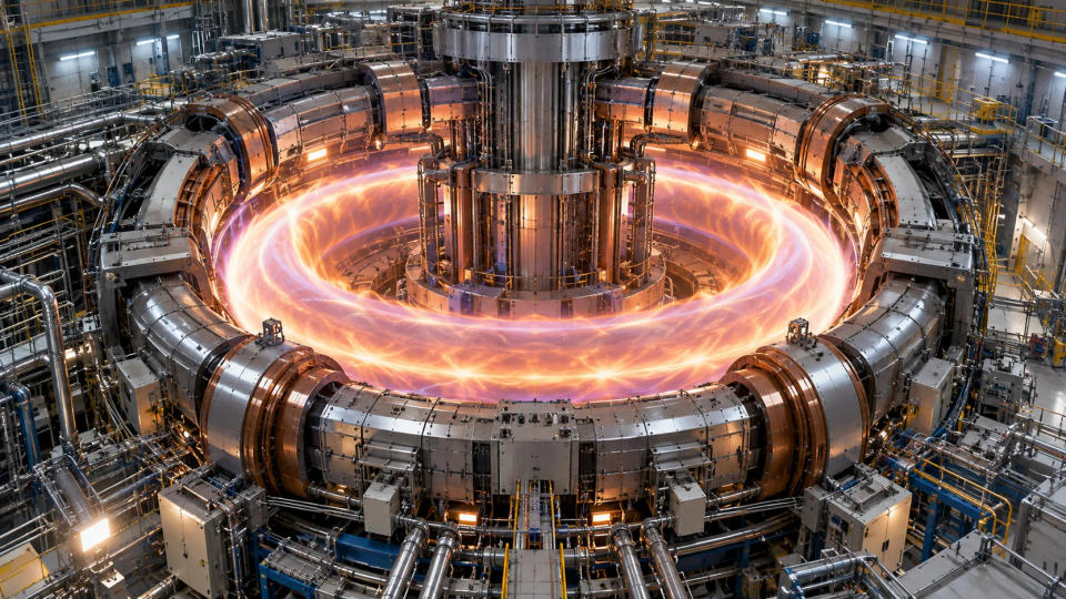 Glowing toroidal fusion plasma inside a large tokamak chamber, surrounded by superconducting magnets and laboratory structures