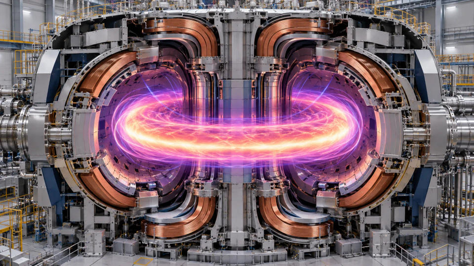 Cutaway view of a tokamak showing a bright donut-shaped plasma ring suspended inside large magnetic coils