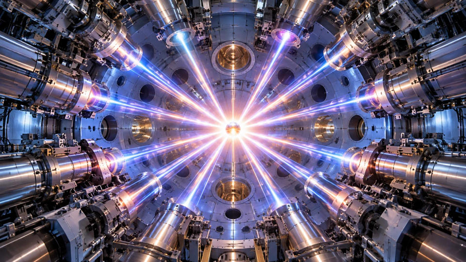 Powerful laser beams converging symmetrically on a tiny fusion fuel capsule inside an inertial-confinement target chamber