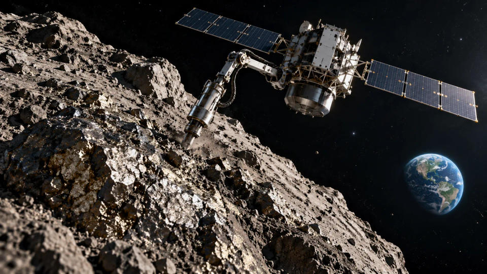 Concept visualization of a robotic mining spacecraft drilling into a rugged metal-rich asteroid with Earth in the distance.