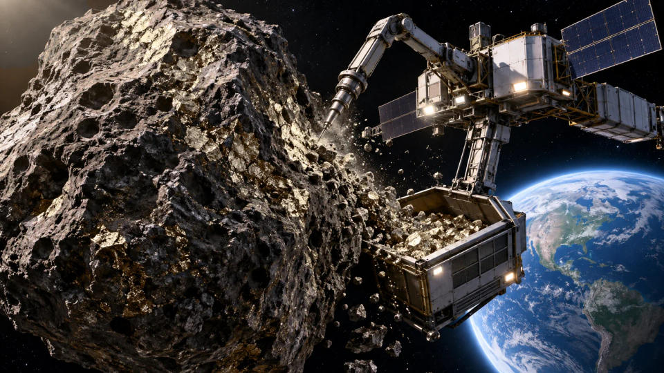 Concept visualization of a robotic asteroid mining rig drilling into a dark metallic body and collecting excavated material in microgravity.