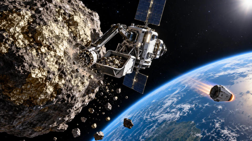 Concept visualization of an asteroid extraction spacecraft working beside a metal-rich body while a return capsule travels toward Earth.