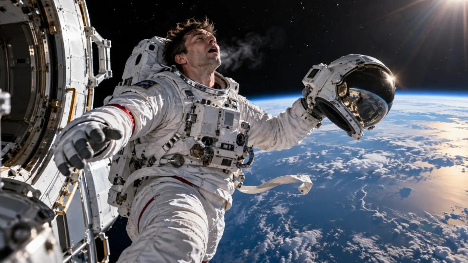 Helmetless astronaut floating outside a spacecraft above Earth with a detached EVA helmet nearby.
