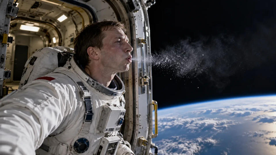 Helmetless astronaut at an open airlock exhaling as vapor drifts into space above Earth.