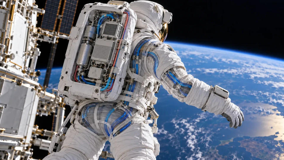 Astronaut in an EVA suit with a cutaway life-support backpack showing tanks and cooling lines above Earth.