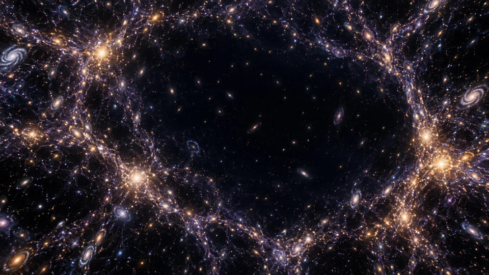 A separate illustrative panorama of the cosmic web, with a dim central low-density region framed by clustered spiral galaxies and luminous violet-and-gold filaments.
