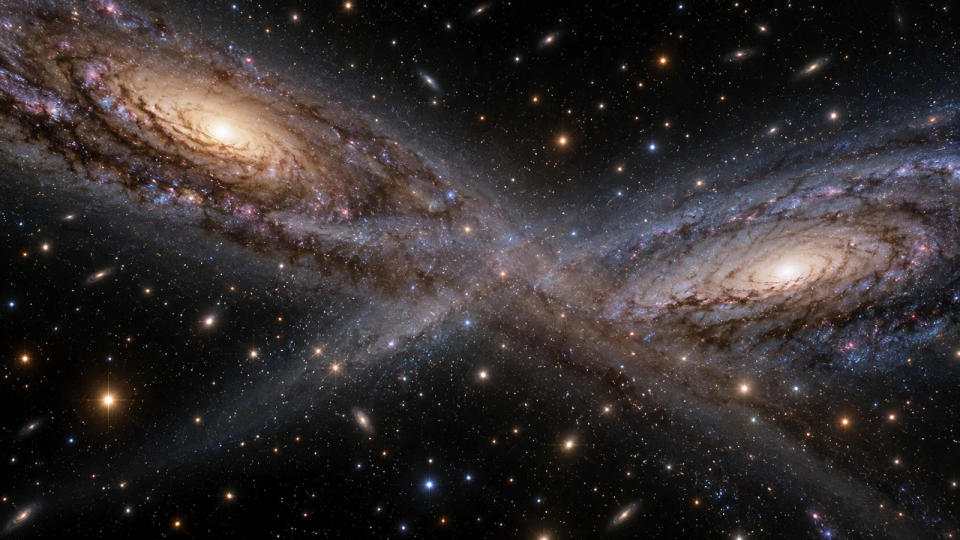 Two widely separated spiral galaxies crossing a star-filled region, illustrating the vast empty spaces between stars during a galactic encounter.