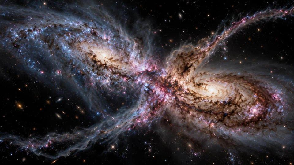 Two colliding spiral galaxies with bright star-forming regions, dark dust lanes, and tidal streams where gas-rich disks interact.